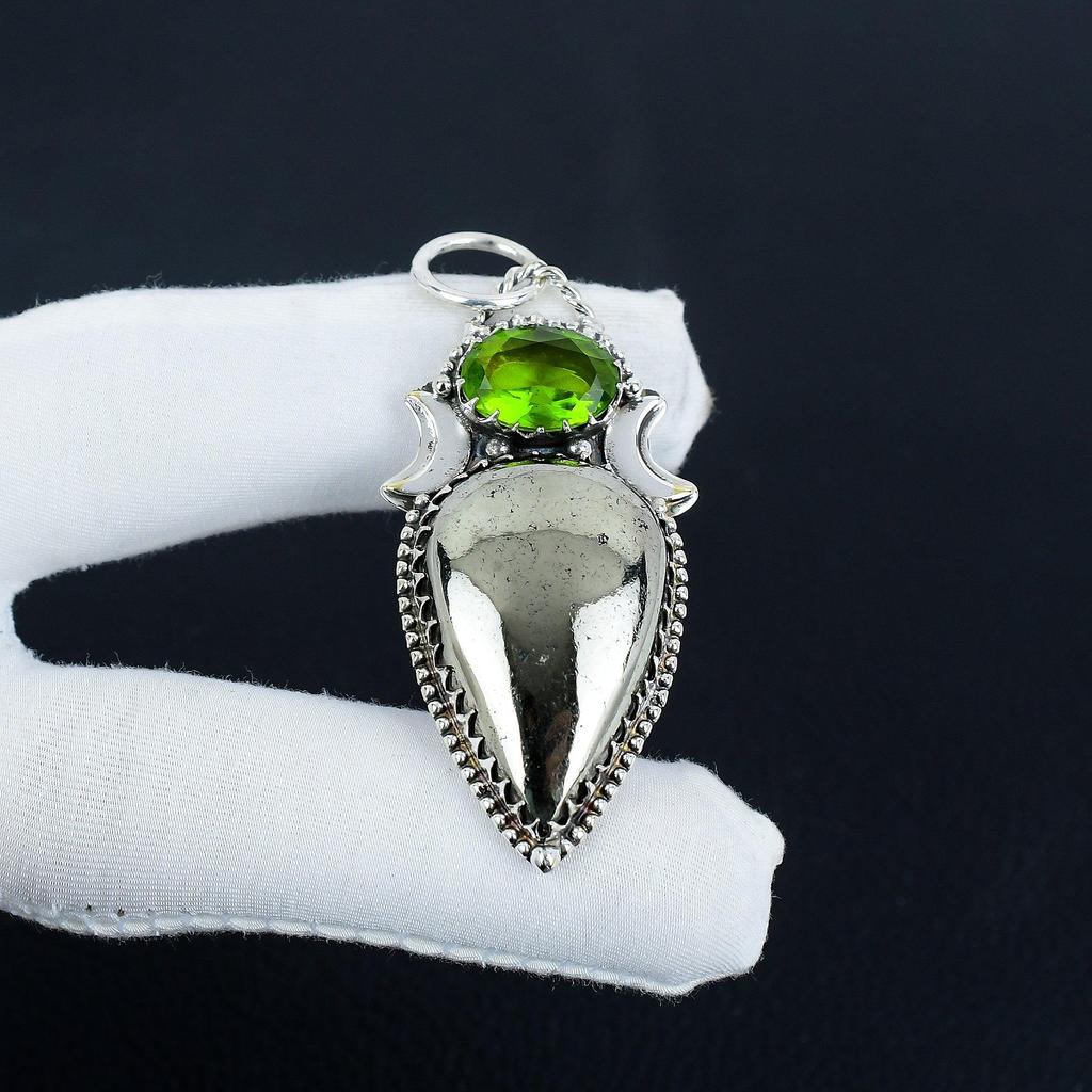 Beautiful Apache Pyrtie Golden, Peridot Gemstone Silver Pendant in 925 Sterling Silver - Handmade Design, Everyday Wear Jewelry Birthday Gift
