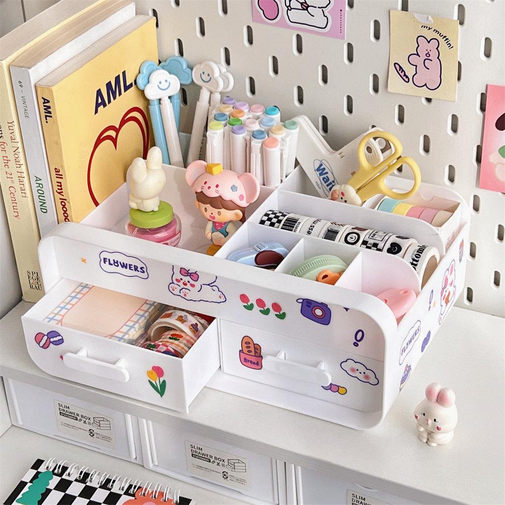 Pudełko z organizerem kosmetyków: Pyłoszczelny organizer na kosmetyki i produkty do pielęgnacji na biurko - Mieści maseczki, pomadki, pędzle i więcej