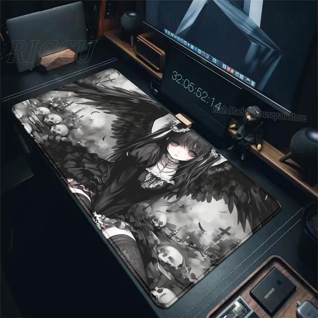 Alfombrilla de Ratón XXL Ángel Oscuro Chicas Anime Esterilla de Escritorio Oficina Portátil Alfombrilla de Escritorio Extendida Alfombrilla de Ratón para Jugador de PC Alfombrilla para Teclado Alfombra Negra