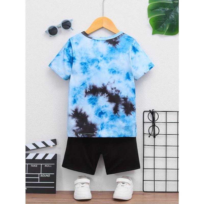 Summer Children's Round Neck Short Sleeved Shorts T-shirt with 3D Pattern Digital Printing Tie Dye Knit Top, Suitable for Outdoor Wear