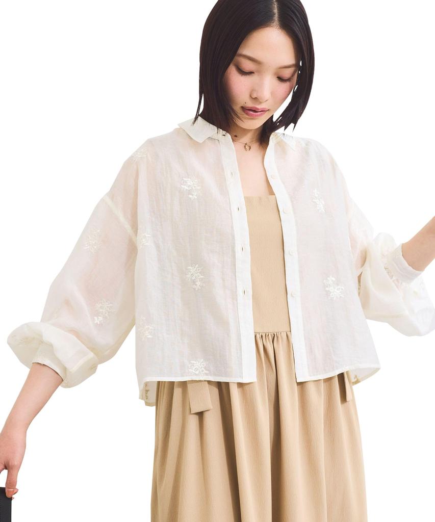 Blouse Floral Embroidered Shiny Sheer Blouse for White [BIS] [WEB Exclusive] Women, (11)