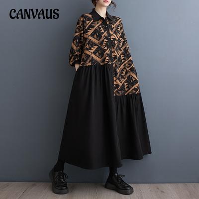 Spring and Autumn Women's Dress Loose Plus Size Printed Splicing Mid-Length Literary Retro Long Sleeve Dresses