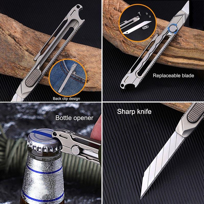 Titanium Alloy Sliding Blade Knife Multitool Bottle Opener Utility knife with 10PCS Replace Blades Keychain Waist Clip Tool