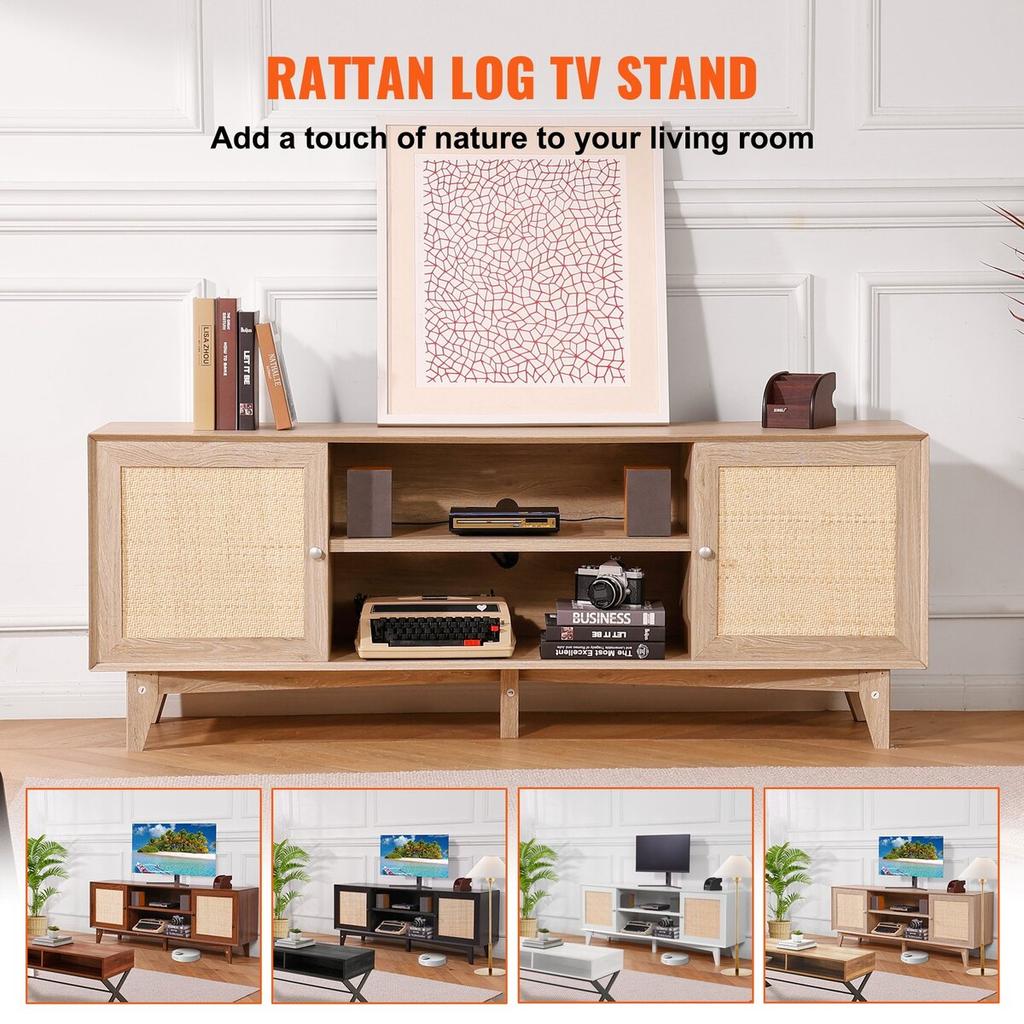 Rattan-TV-Ständer 191cm Fernseher Boho-TV-Schrank Fernsehschrank Eiche