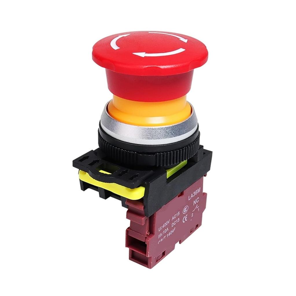 30mm LA36M Emergency Stop Push Button Switch Latching Self Locked Plastic Mushroom E-Stop Switch with Red LED Light 220v 12v 24v(Without