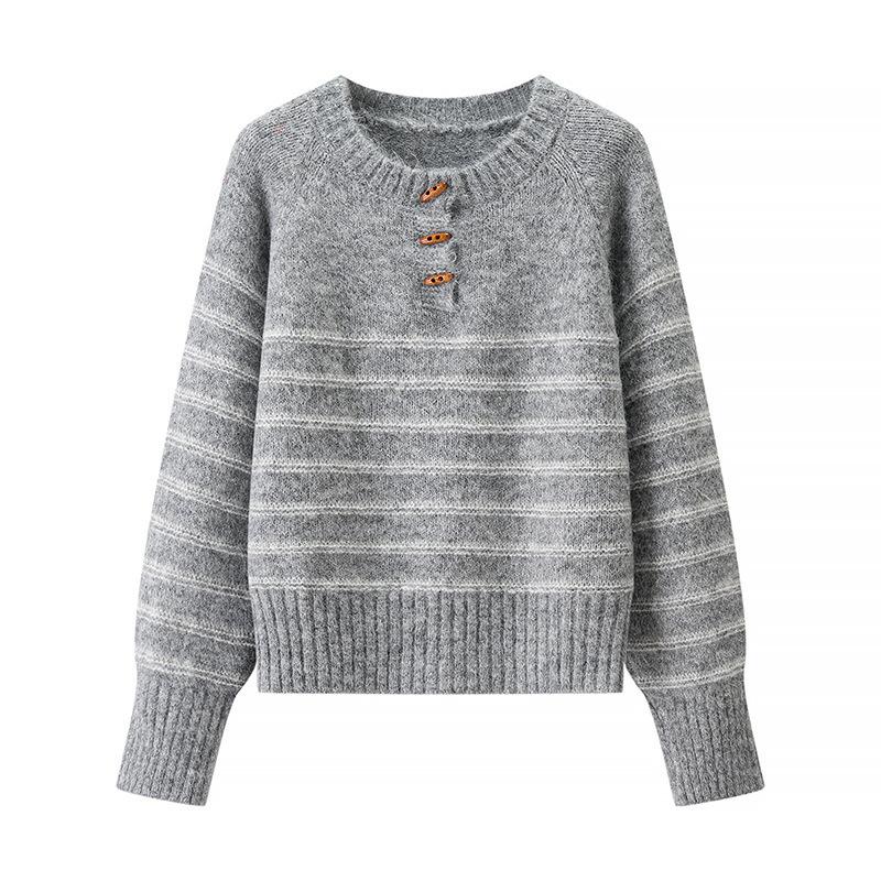 Herbst- und Winterlockere Künstlerische Retro-Gestreifte Strickpullover mit einem Designgefühl von Kuhhorn-Schnalle Pullover Damenpullover