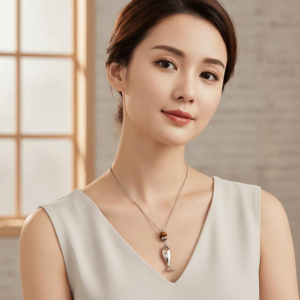 Natural Stone Fish Pendant Necklace Hypoallergenic Titanium Steel Chain Jewelry Lovers