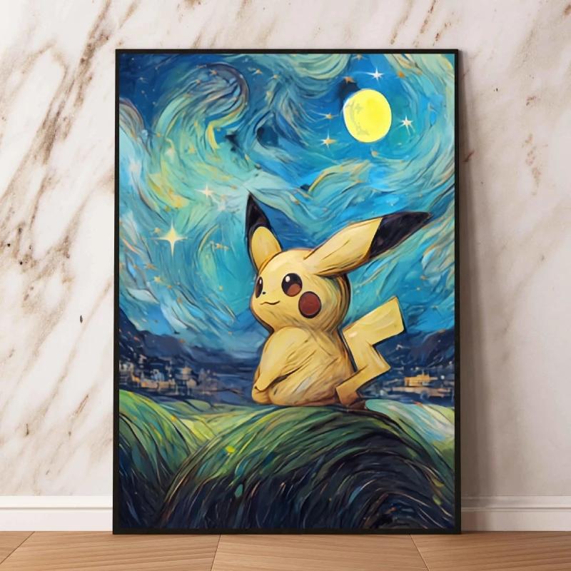 Classic Canvas Painting  Pikachu Anime Figures Van Gogh Poster Prints Hd Home Room Comics Pictures Decor Holiday Gift
