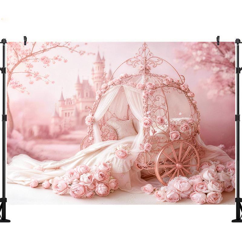 LS Dream Castle Pink Carriage Backdrops Kids Cake Smash Props Baby Birthday Decors Floral Child Girl Photography Background