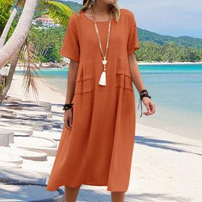 Women Beach Dress Solid Color Womenswear Soft Fashion Loose Waist Summer Ladies Dress Vacation Wear