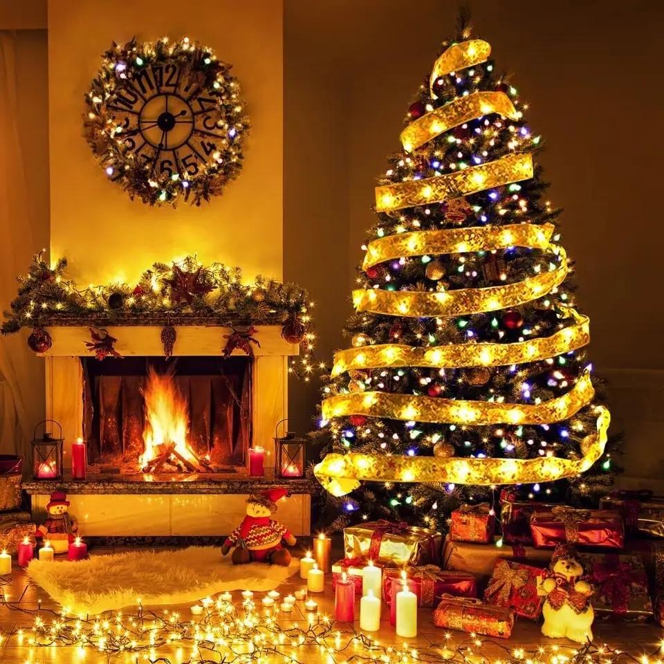 10M Christmas Light String Ribbon for Christmas Tree Decoration Double Layer Gold Stamping Luminous Ribbon Lamp Lace DIY Led Lights
