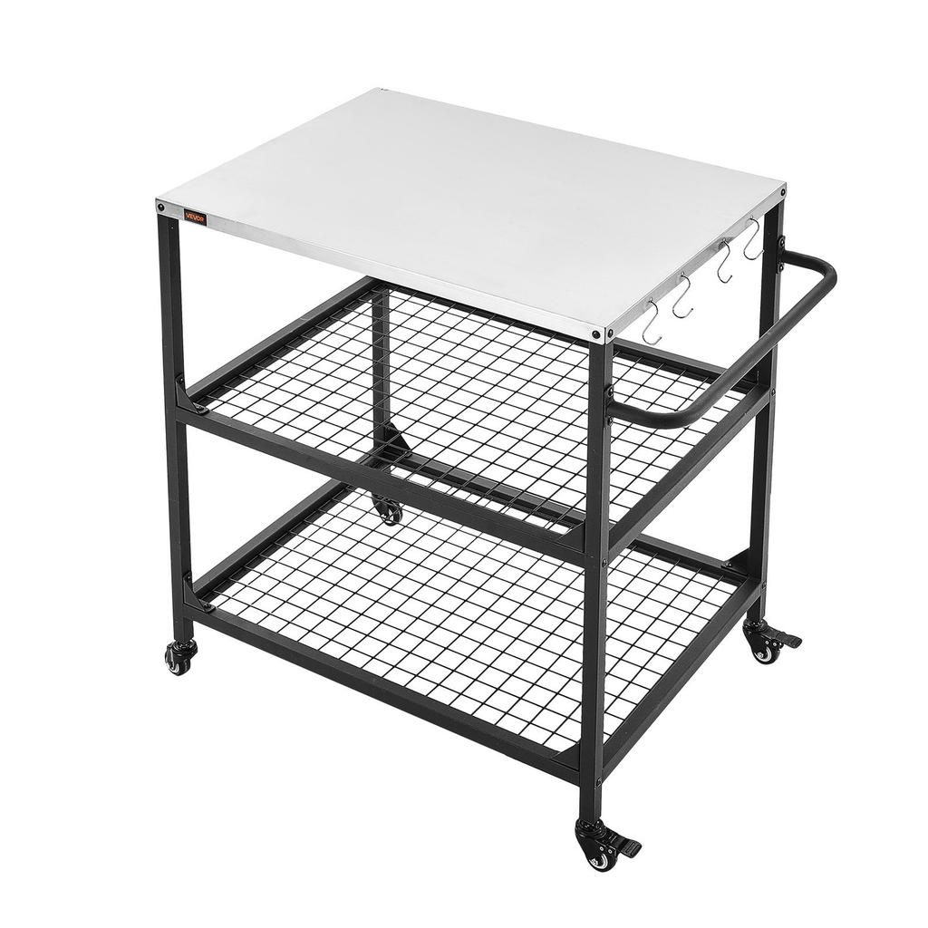 Carro para Parrilla Exterior, Mesa de Parrilla de Acero Inoxidable de 800 x 610 mm, Mesa de Cocina para Exteriores con 4 Ruedas y Asa Lateral, Dos Estantes de Malla, Barbacoa
