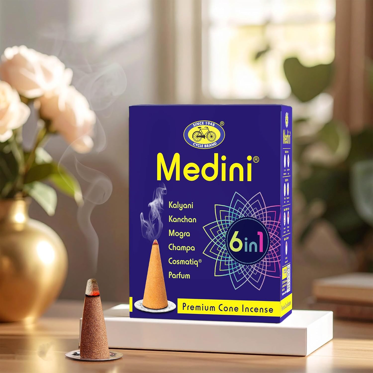 

Cycle Pure Medini 6 в 1 Премиальные конусные благовония 60 шт. Без древесного угля Натуральный аромат С бесплатным держателем Упаковка 1 шт.