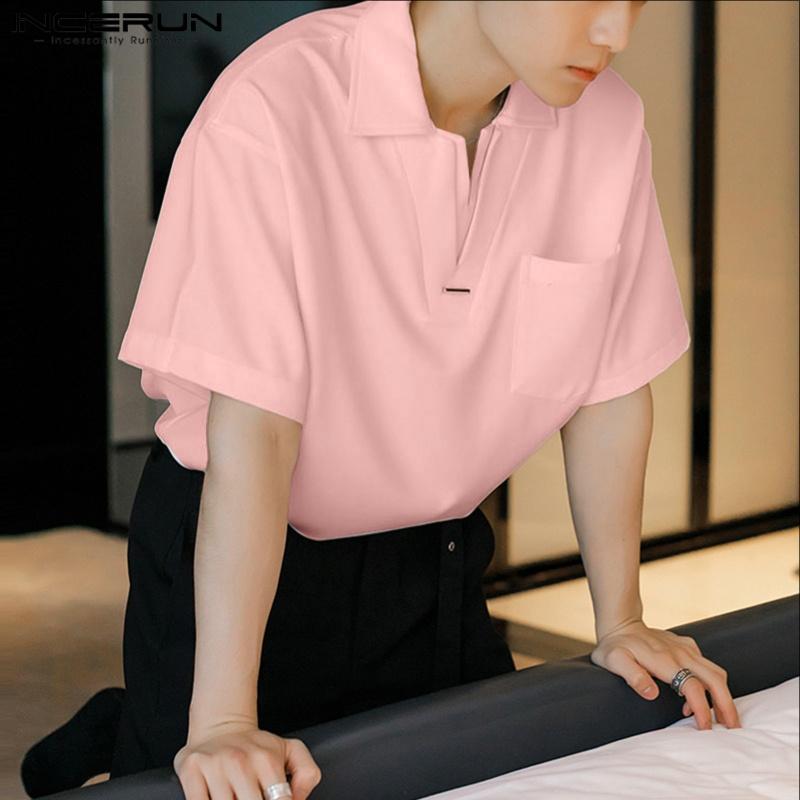 INCERUN Oversized Men Lapel Neck Short Sleeve Casual Loose Shirts Tops