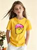 Cute D Shaped Donut Graphic Short Sleeve Tee For Girls Crew Neck Lightweight Summer Casual Sweet Dessert Print Kids Daily Basic