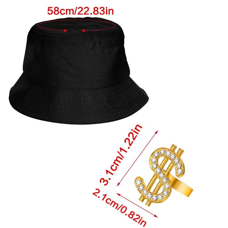 7pcs Hip Hop Costume Kit 80s/90s Outfits Cool Rapper Accessories Sunglasses Gold Plated Dollar Sign Chain Rings Necklace