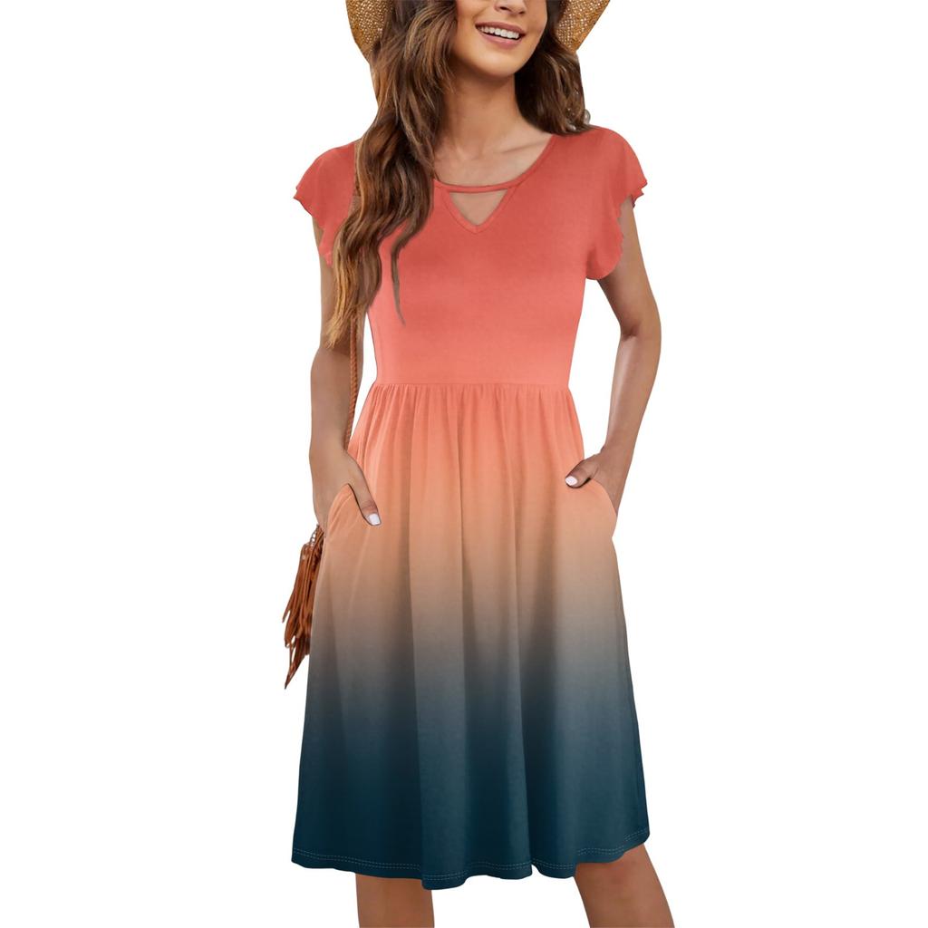 Women's Casual Fashion Sexy V-Neck Ruffle Sleeve Gradient Dress