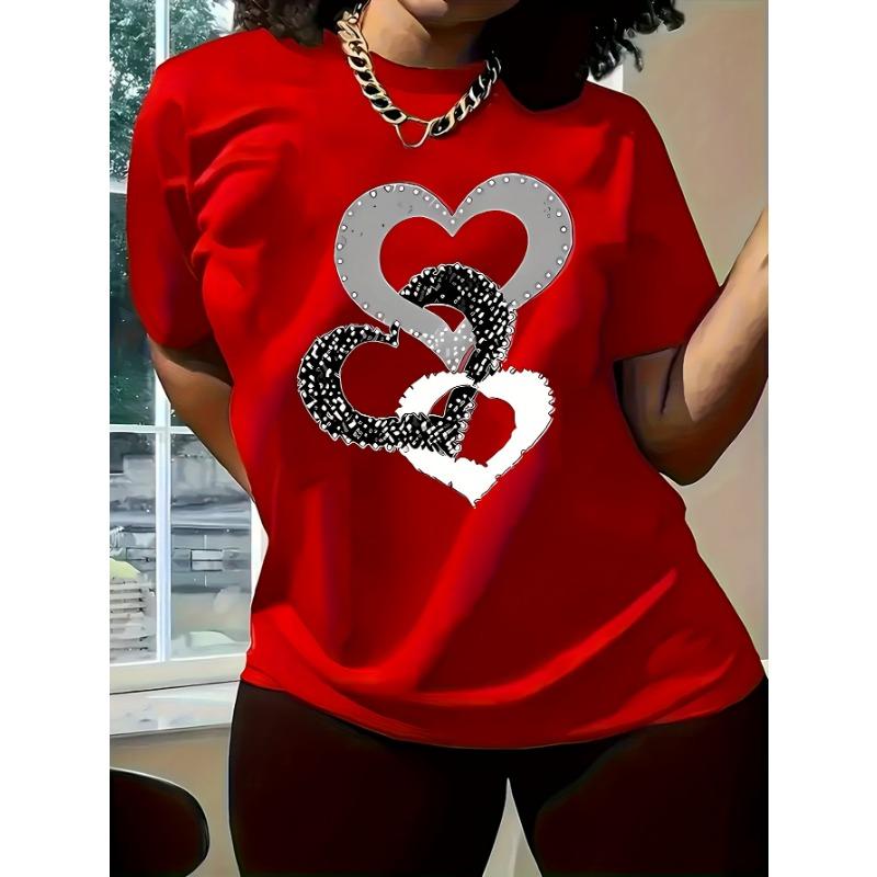 

2025 Spring/Summer New Women s Short-Sleeve Top, Simple and Stylish Love Ring Pattern Print, Versatile Daily Wear Round Neck T-Shirt, Circle Pattern S