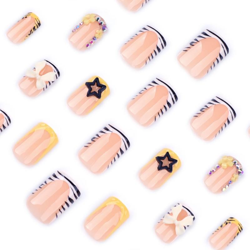 Square Press On Nail Fake Nail Bowknot Glues On Nail Artificial Acrylic Nail 12 Size 24pcs Stick On Nail for Women
