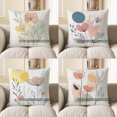 Home Decor Floral Line Art Cushion With Geometric Shapes Pattern Cushion Cover Suitable For Sofa Bedroom Car Pillow Cover