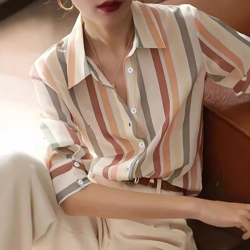 Spring New Women's Niche Retro Lapel Long-sleeved Contrasting Color Temperament Striped Shirt