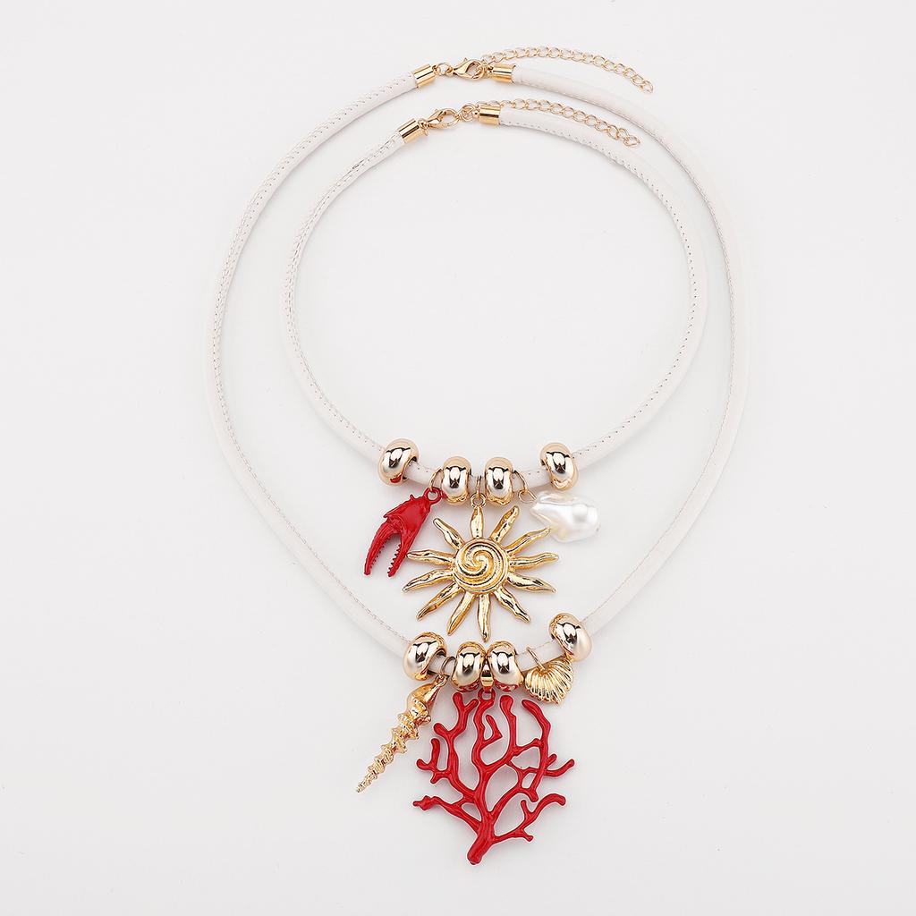 Unique Creative European American Exaggerated Blood Coral Branch Sun Pendant Bohemian Leather Rope Necklace Women Trendy Jewelry