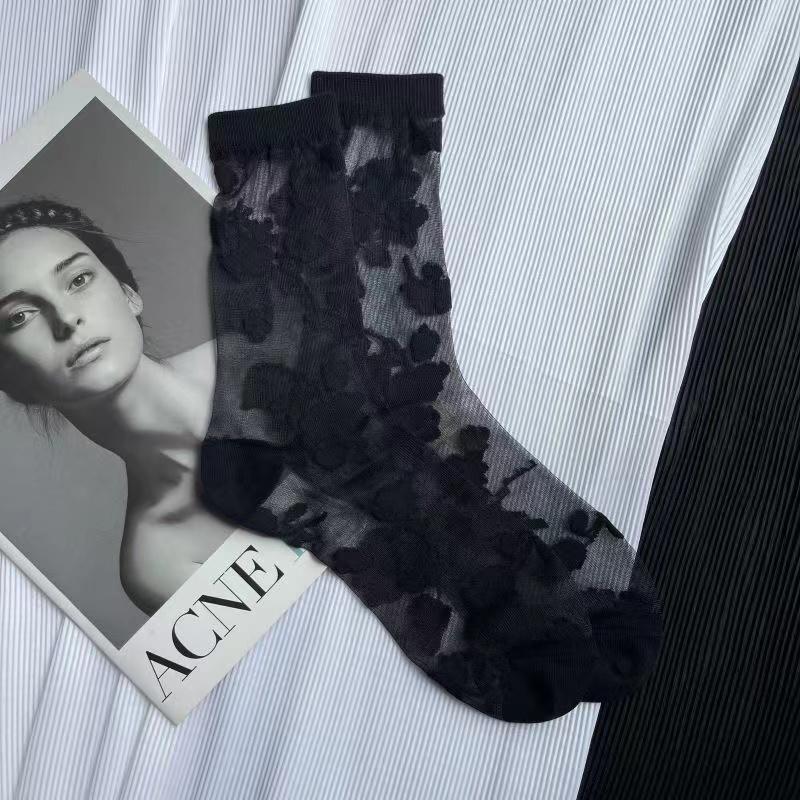 Summer Ultra-thin Transparent Nylon Long Socks Stockings Japanese Fashion Flower Knee Socks Vintage Crystal Silk Socks Stockings