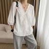 Summer New Tencel Linen Blend French Lace Lace V-neck Loose and Thin Shirt Women's Bubble Sleeve Top