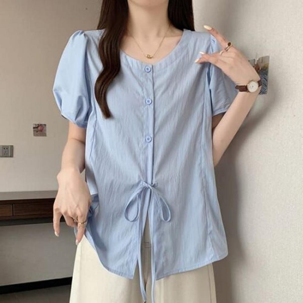 Navava Women Simple Daily Ribbon Short Sleeve Blouse Nb2819