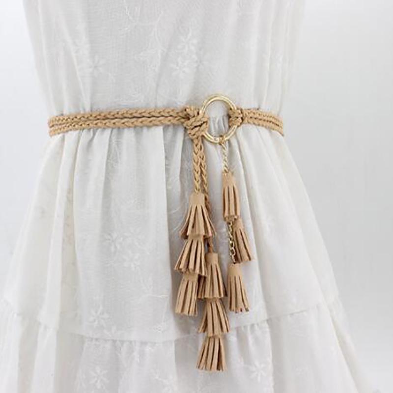 Boho Braided Tassel Belt 1pc Solid Color Decorated Three Layers Tassels
