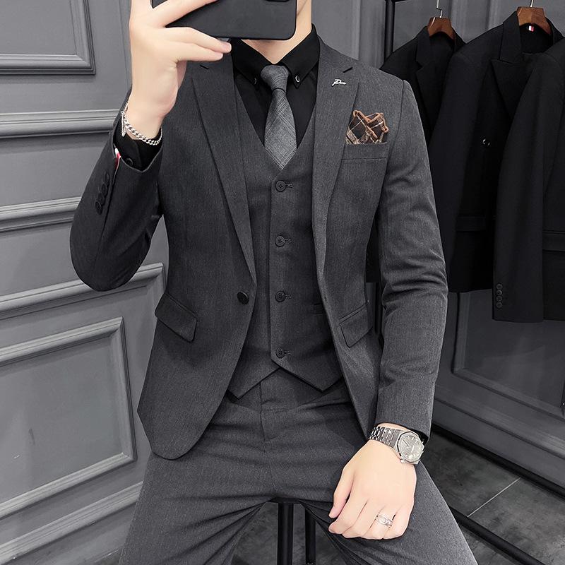 

Мужской осенний костюм-тройка в корейском стиле: Приталенный костюм шафера для свадьбы и банкета Double Extra Large