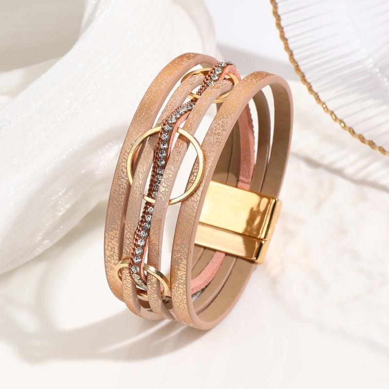 Boho Style Layered Circle PU Leather Bracelet With Alloy Chain Rhinestone Accents Women
