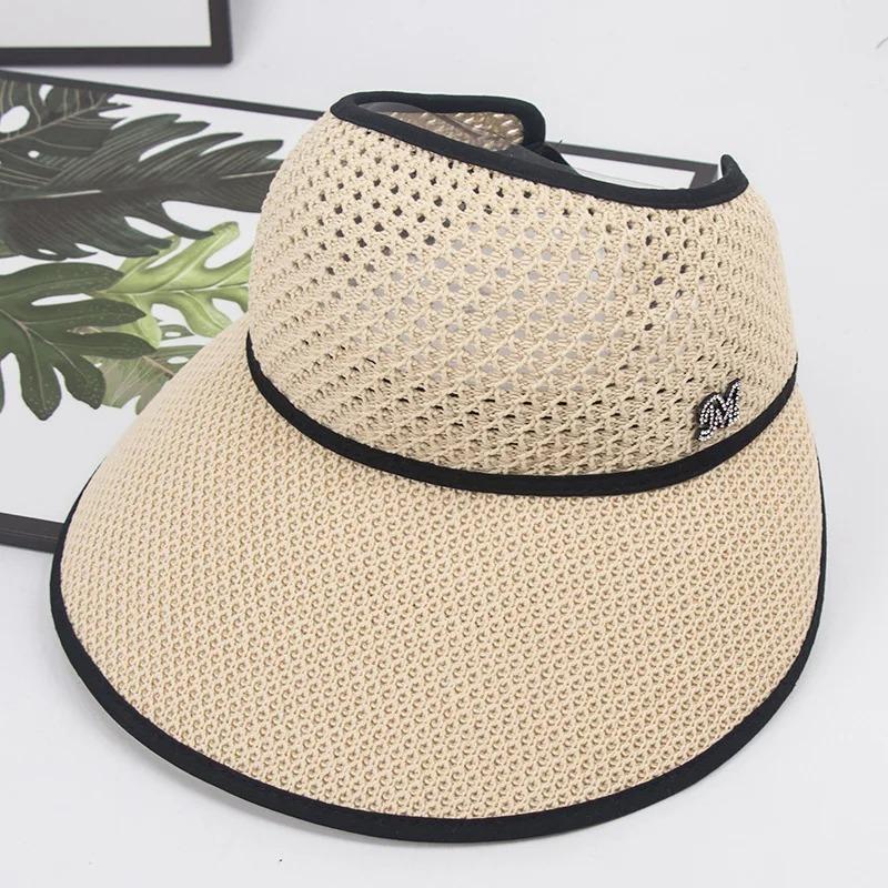 Sonnenhut mit großer Krempe, leerer Oberseite, Sonnenschutz für den Sommer, atmungsaktiv, breiter Strandhut, UV-Schutz, für Reisen, verstellbarer Sonnenhut, faltbare Kopfbedeckung aus Stroh, ausgehöhlte Kappe
