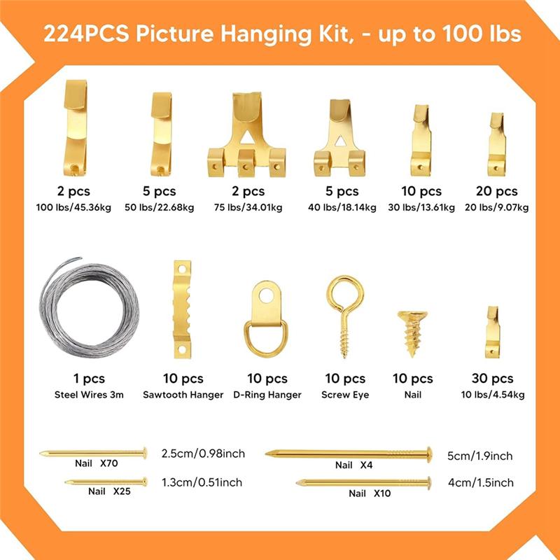 ABBY-Picture Hanging Kit, Picture Frame Hanger Tool With Level Measuring Ruler, Including 226 Pcs Of Wall Hanging Kit