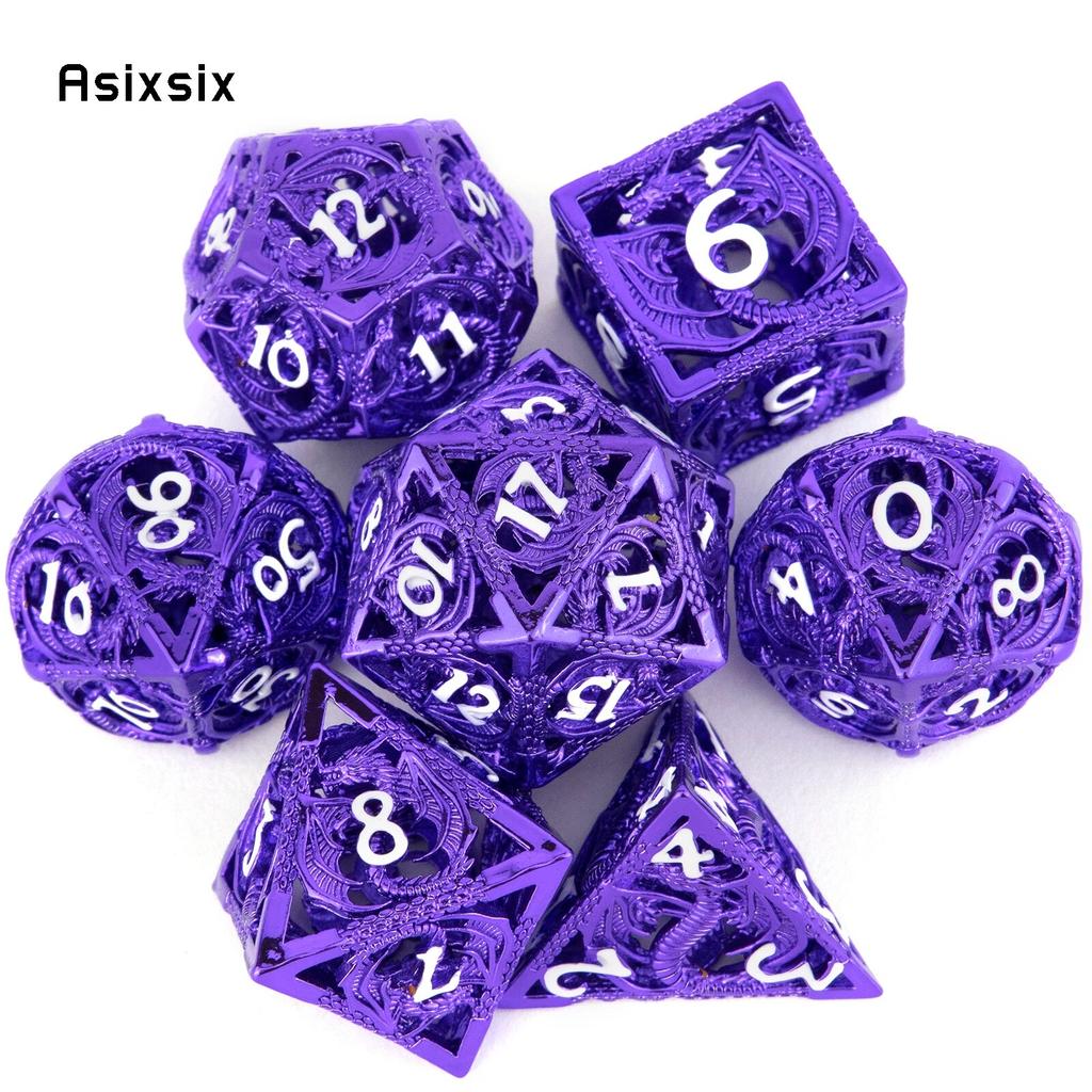 7 Pcs Purple White Dragon Metal Dice Hollow Metal Polyhedral Dice Set Suitable for Role-Playing RPG  Board Game Card Game