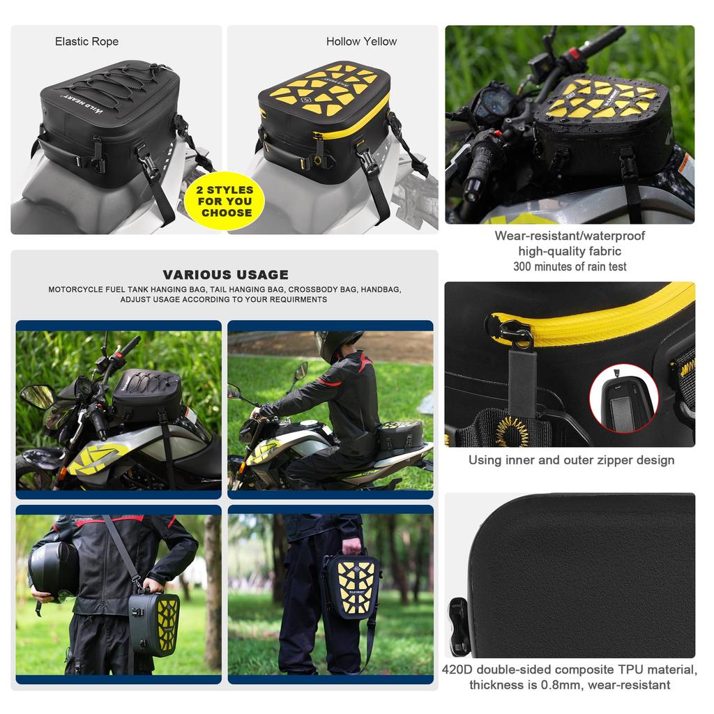 WILD Motorcycle Tail Waterproof Multifunctional Rear Seat Luggage Saddlebag for 6L Hollow Black Bag/Tank Bag, Motorcycles, (6L Yellow)