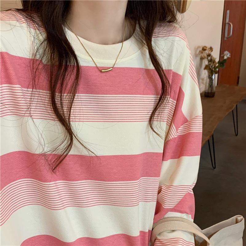 Stripes Clashing Color Loose Long-sleeved T-shirt Women Autumn Winter Thin Section Round Neck Sweater Female Student Tops Retro Versatile Sweatshirt