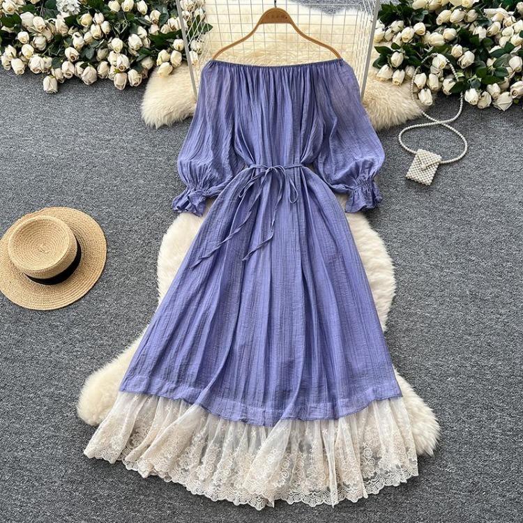 Dolce Abito da Donna Aderente A-line Scollo Bardot Maniche a Lanterna Vita con Fascia Raccoglitore Pizzo Giuntato Abito Lungo