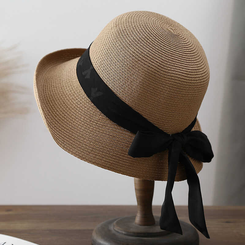 

Straw top hat women s bucket hat webbing eaves bow foldable sun protection women s summer straw hat Adult (56-58cm) коричневий