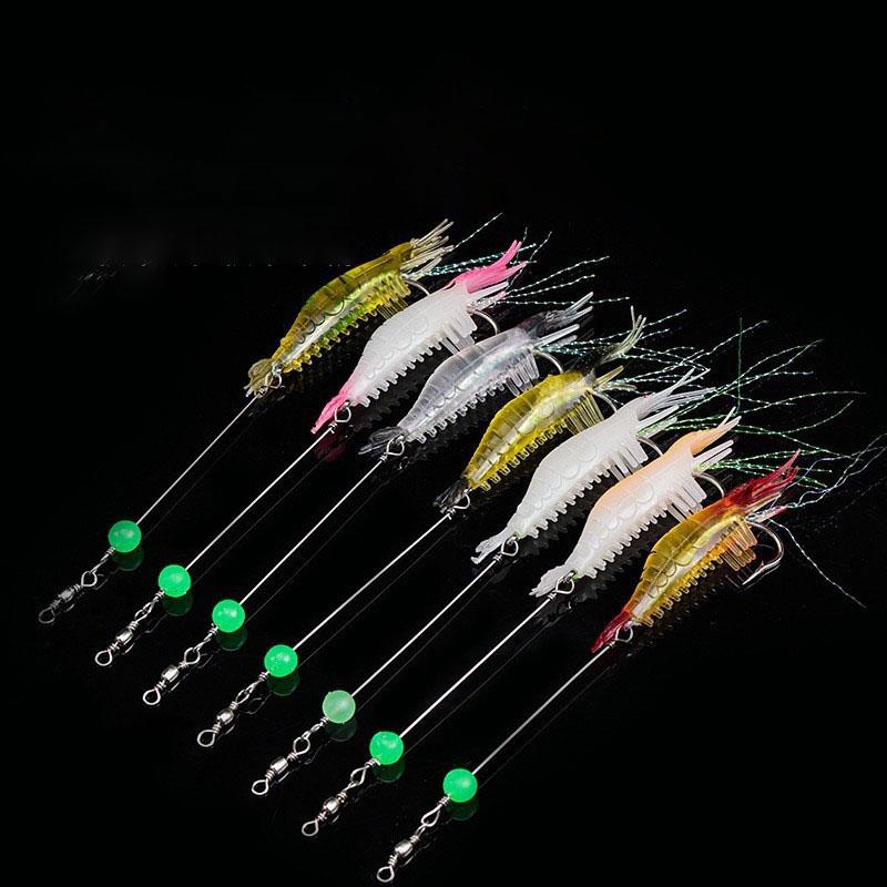 

7 шт. Мягкие светящиеся в темноте рыболовные приманки с крючком, искусственная приманка в виде креветки для окуня, щуки, форели, реалистичный пластиковый червь для пресной и соленой воды 7pcs