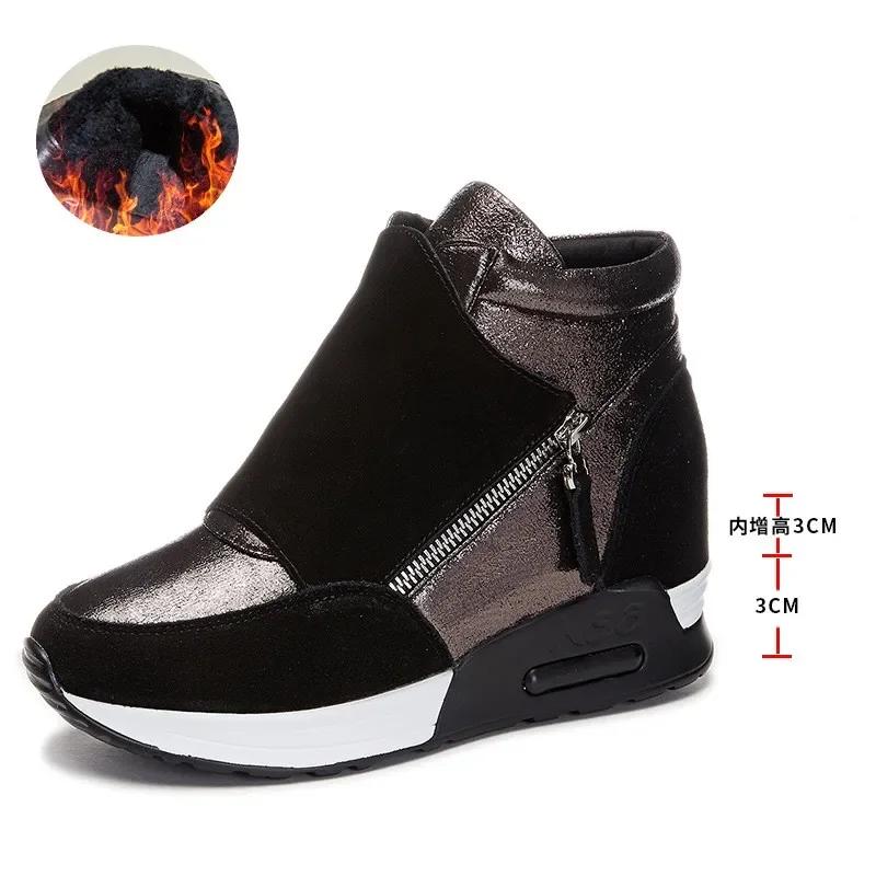 6CM High Top Women Shoes Synthetic Leather Platform Ankle Boots Wedge Hidden Heel Autumn Warm Fur Winter Shoes Sneakers