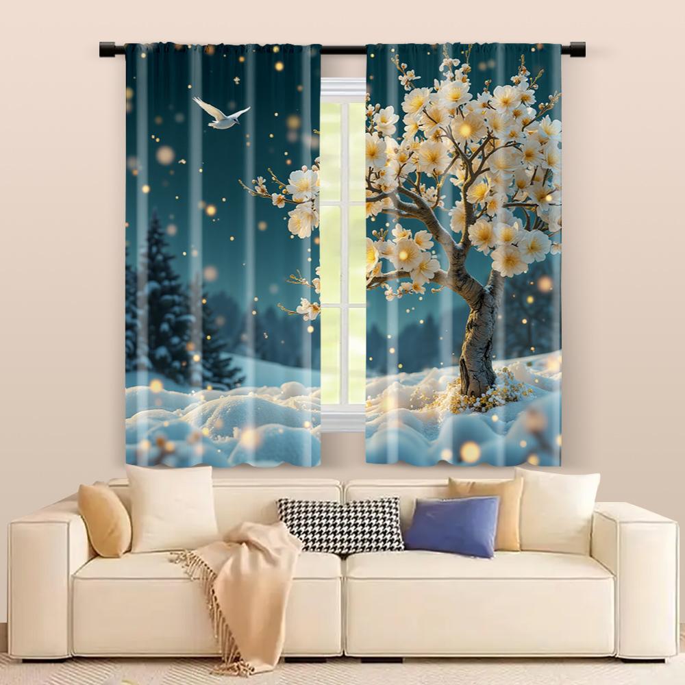 2 Pcs   Filtering Curtains (excluding Rods   Non-movable   Without Batteries) Emerald Lake & Majestic Tree for Use In Bedrooms and