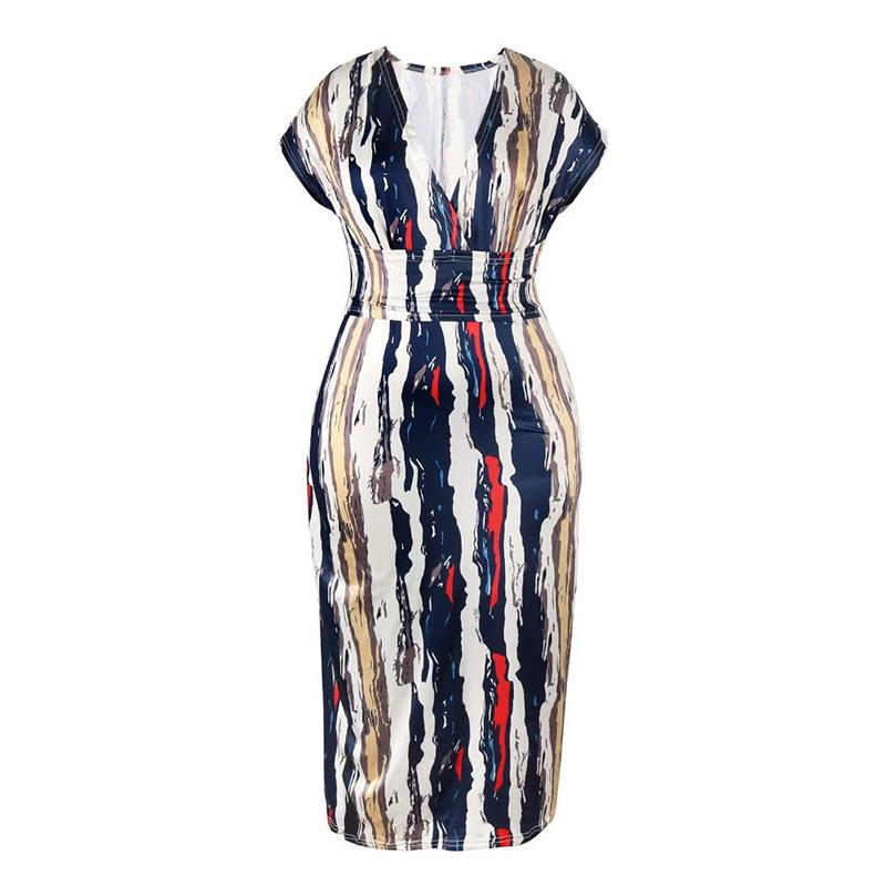 Sommer Neu Bedrucktes V-Ausschnitt Lässiges Sexy Langes Kleid Damen Hohe Taille Schlanke Passform Elegante Kleider Damen Vintage Gestreiftes Büro Damen Party Club Kleid 26270
