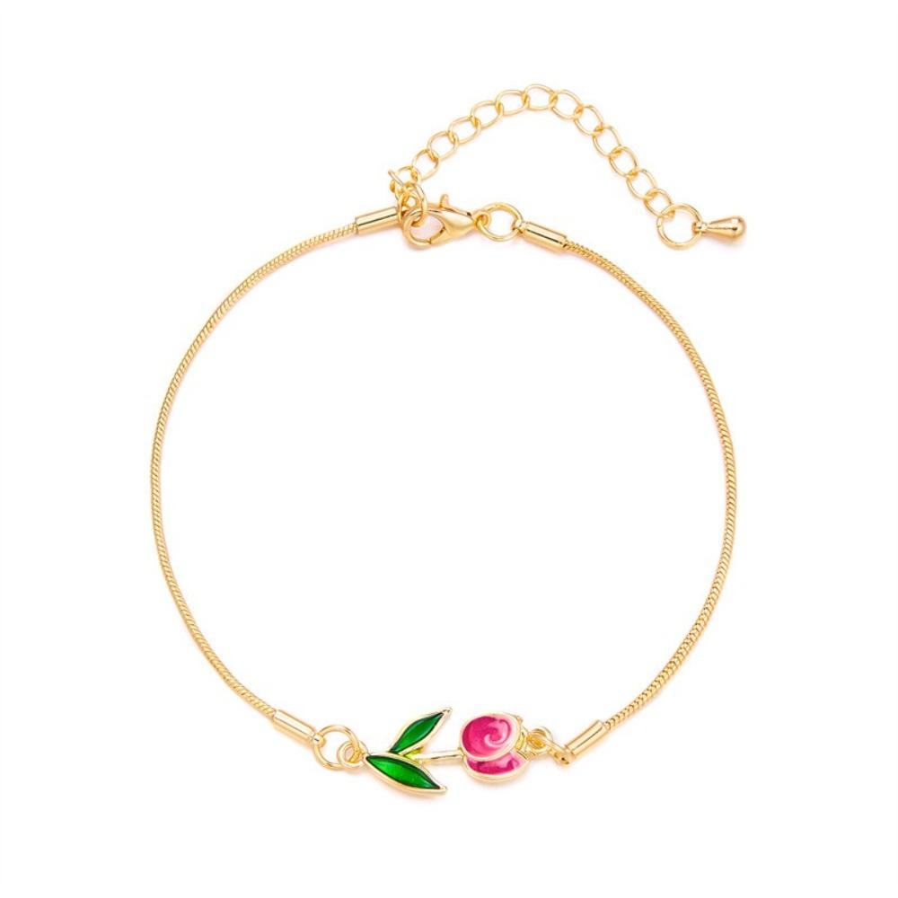 Copper Lobster Clasp Tulip Flower Bracelet Enamel Colorful Flower Charm Bracelet  For Women Color-2
