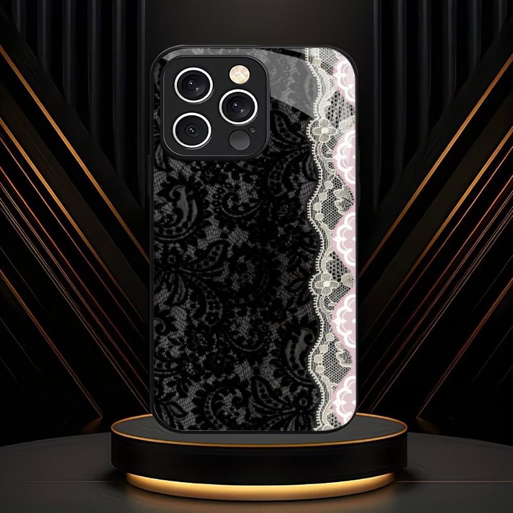 Luxury Black Floral Lace phone case mobile phones for iphone 17 pro max cover Glass for iPhone 17 16 15 14 13 12 11pm Pro Plus