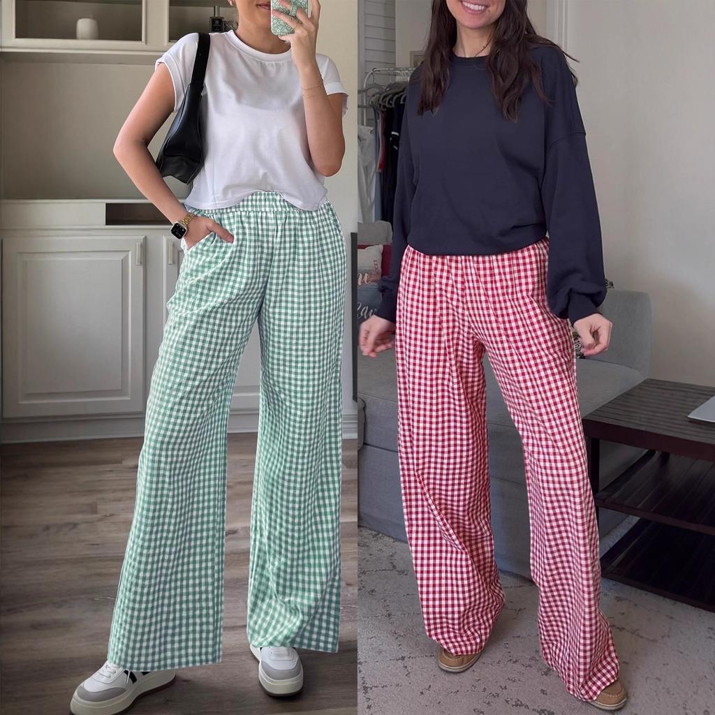 Women's High Waist Elastic Waistband Wide Leg Pants Multi Color and Pattern Plaid and Solid Options