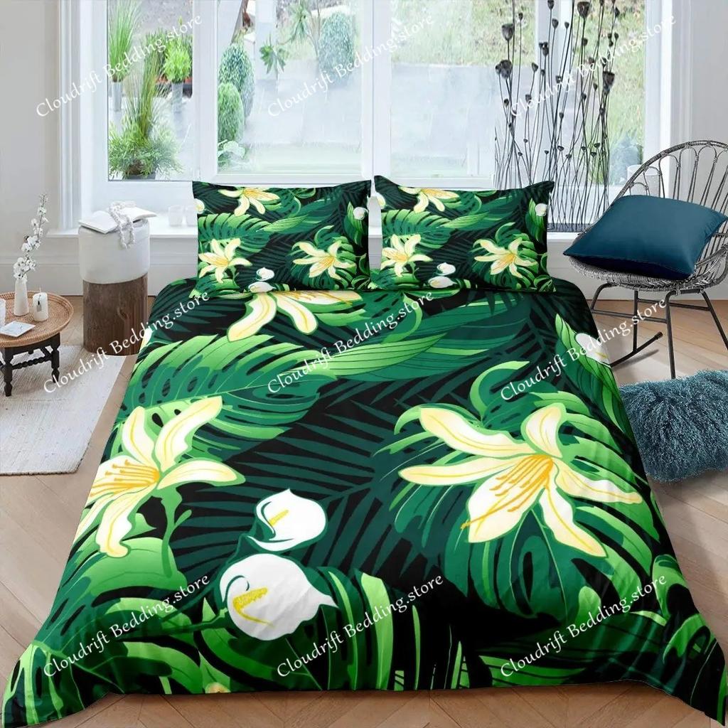 Dekbedovertrek met palmbladeren Monstera blad dekbedovertrekken Tropische groene bladeren Beddengoedset Wit marmer dekbedovertrek Voor mannen vrouwen
