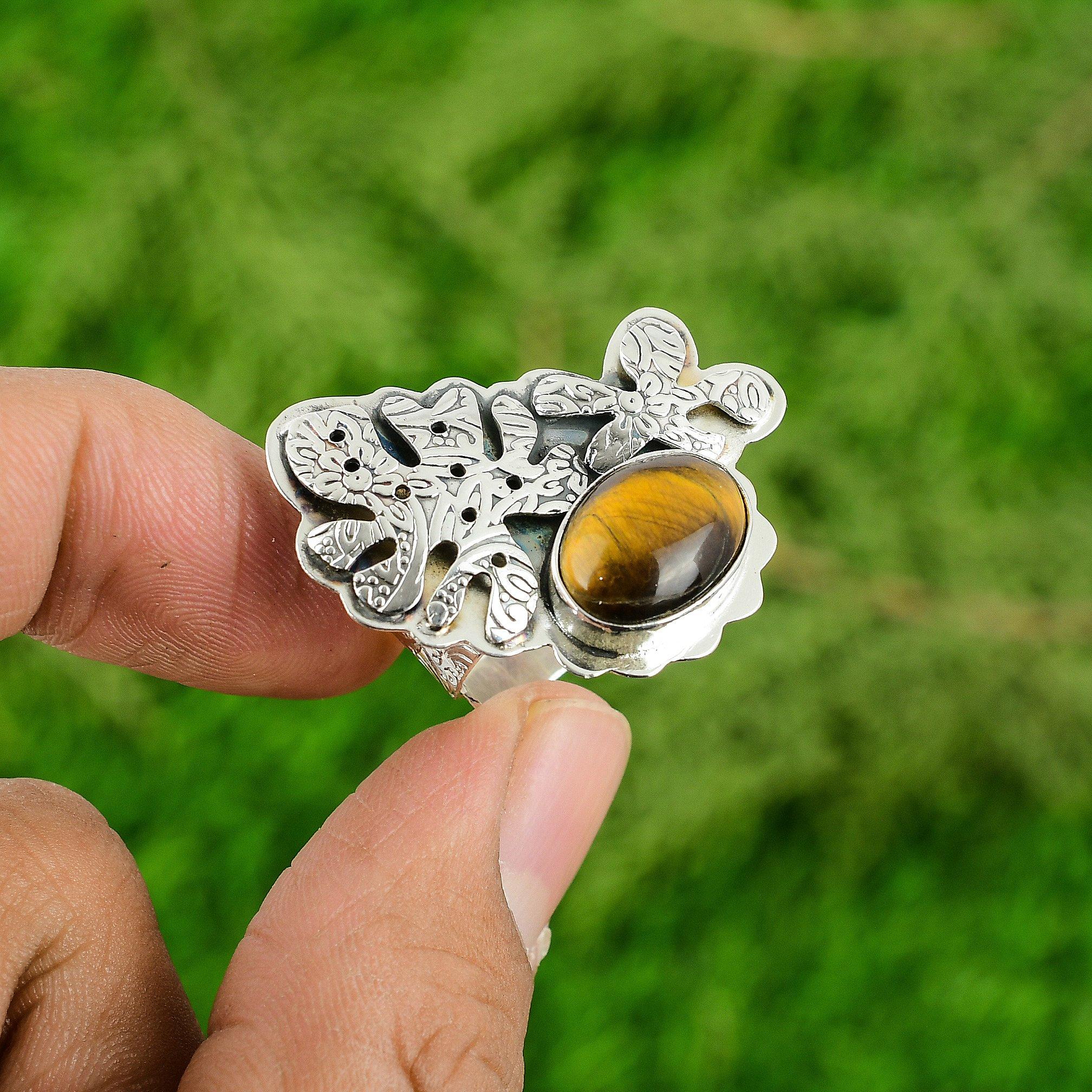 

Natural TigerS Eye Gemstone 925 Silver Stackable Adjustable Ring For Girls Adjustable