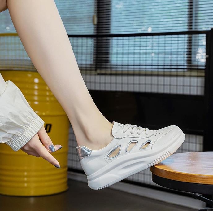 Fashion 4.5CM Women Platform Shoes 2025 Summer Hollow Out Breathable Cow Leather Lace-up Casual Sneakers Ladies Wedges Heel Shoes