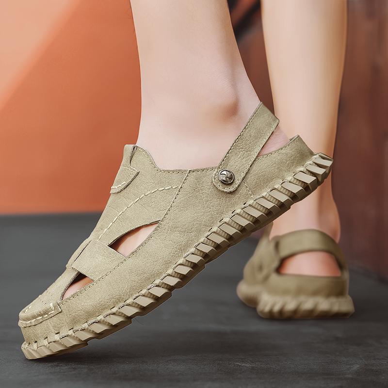 Fashion 2024 New Summer Outdoors Penetration Men Genuine Leather Sandals Wild Hollow Sandals Men Summer Wear-resistant Non-slip Toe Cap